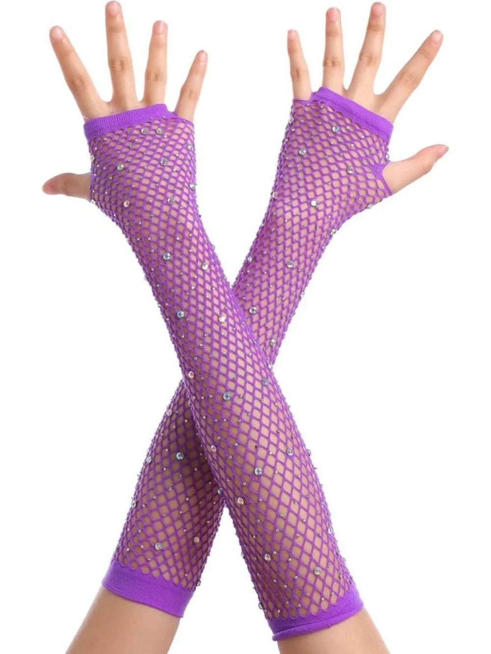 Women's Purple Rhinestone Fishnet Fingerless Gloves 80s Emo Scene Arm Cuffs